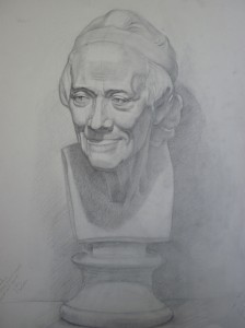 drawing from cast of Voltaire, pencil on paper