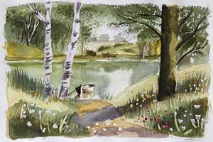 lake with trees with watercolor