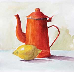 watercolor of a lemon and pot on paper