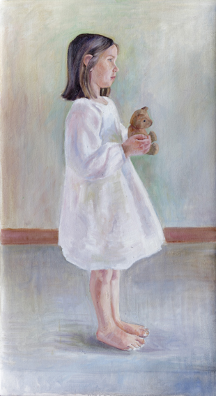 Bambina con peluche olio su tela di Jeanne Isabelle Cornière