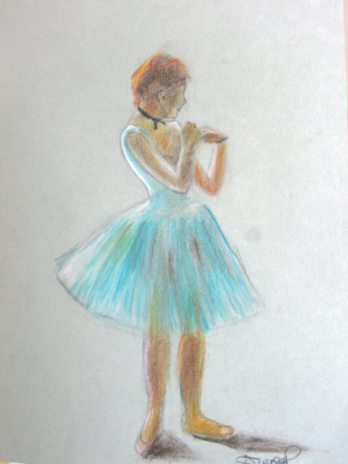 Ballerina con tutu azzurro, copia a pastello da Degas, corso di disegno per bambini