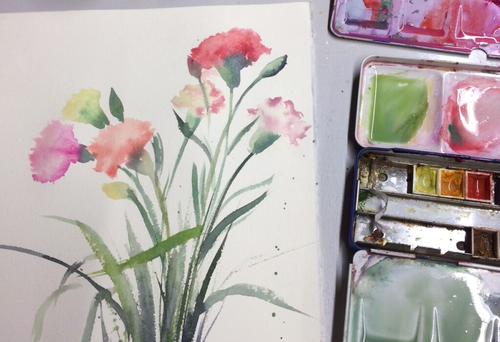 Acquerello di fiori con scatola di colori