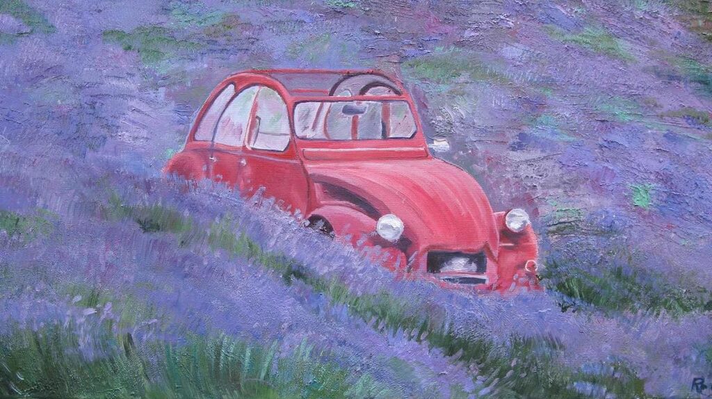 Automobile Citroen due Cavalli rossa in un campo di lavanda, lezione di pittura ad olio per adulti