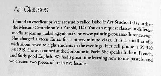 Articolo su Isabelle Art Studio pubblicato nel libro A Perfect trip to Italy, scritto da Sharon Wilson
