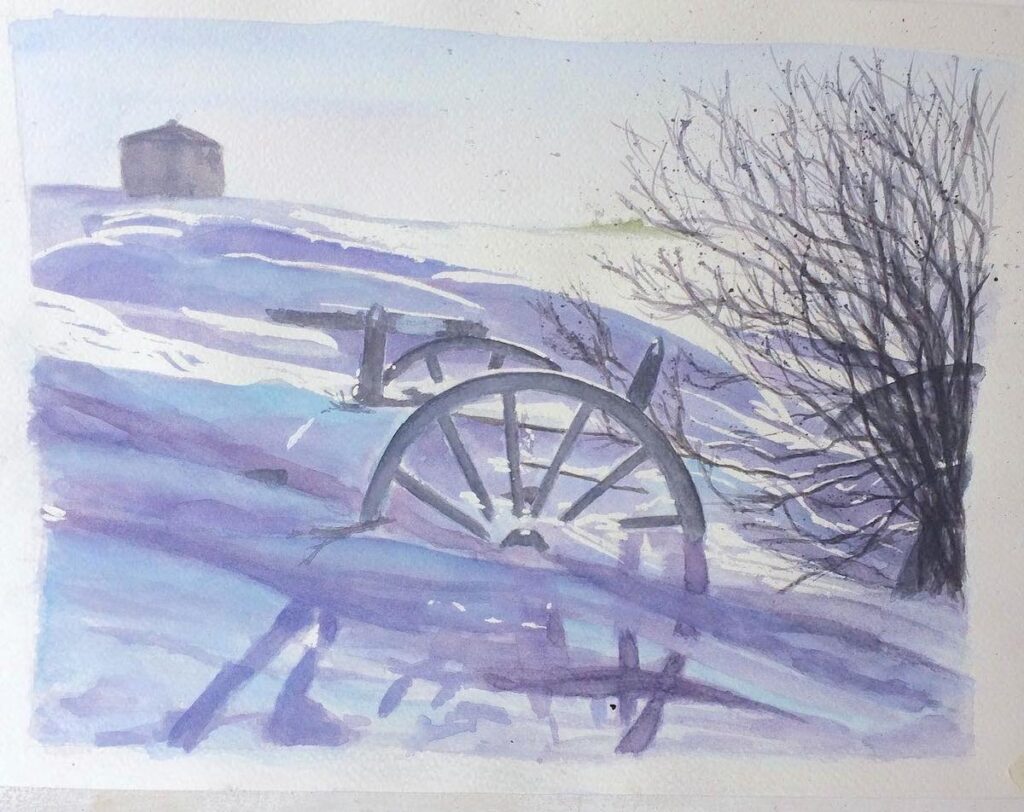 Paesaggio innevato con ruote di carro, casetta e cespuglio, eseguito da una allieva del corso di acquarello a Firenze
