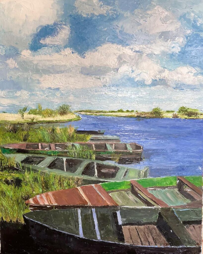 Paesaggio marino con barche, pittura ad olio con spatola, lezione di pittura a olio su tela