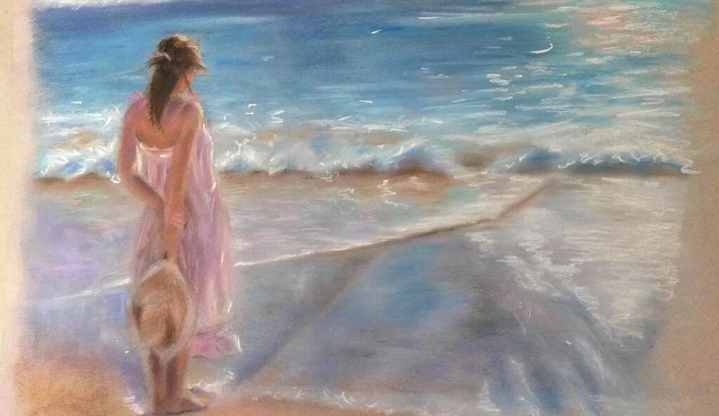 Donna guarda il mare, pastello creato durante la lezione di pittura